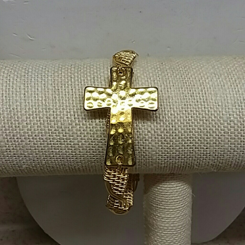 Handmade wire woven cross bangle bracelet